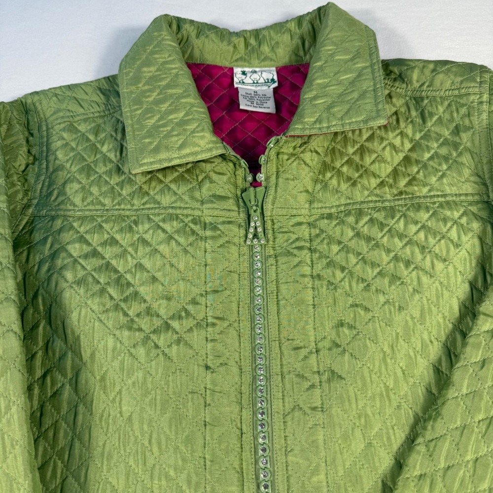 The Quacker Factory Silk Quilted Jacket Green Rhinestone Embellished Zip Front